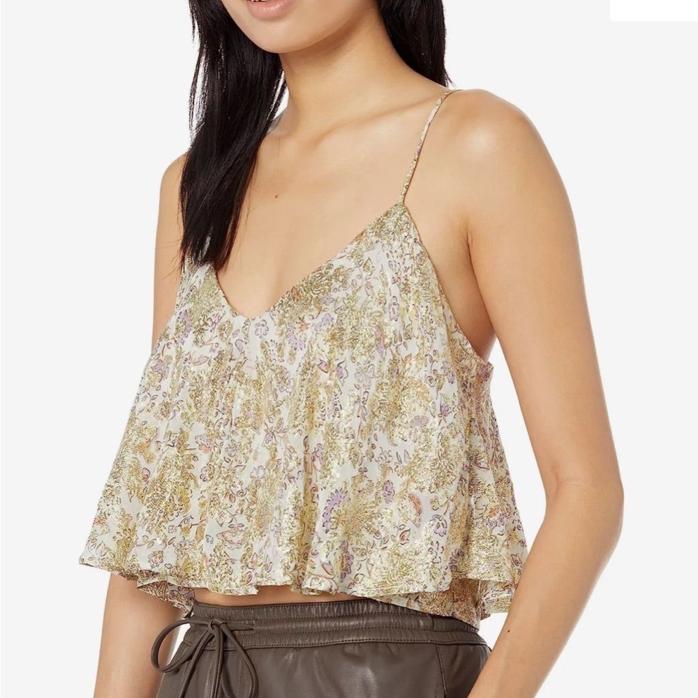 Mango Metallic Gold Floral Spaghetti Strap Crop Top